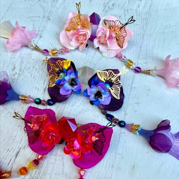 Artist Made MYSTICAL Purple Blue Party Festival Flower Hair Decor Clip Tassel - Picture 8 of 8